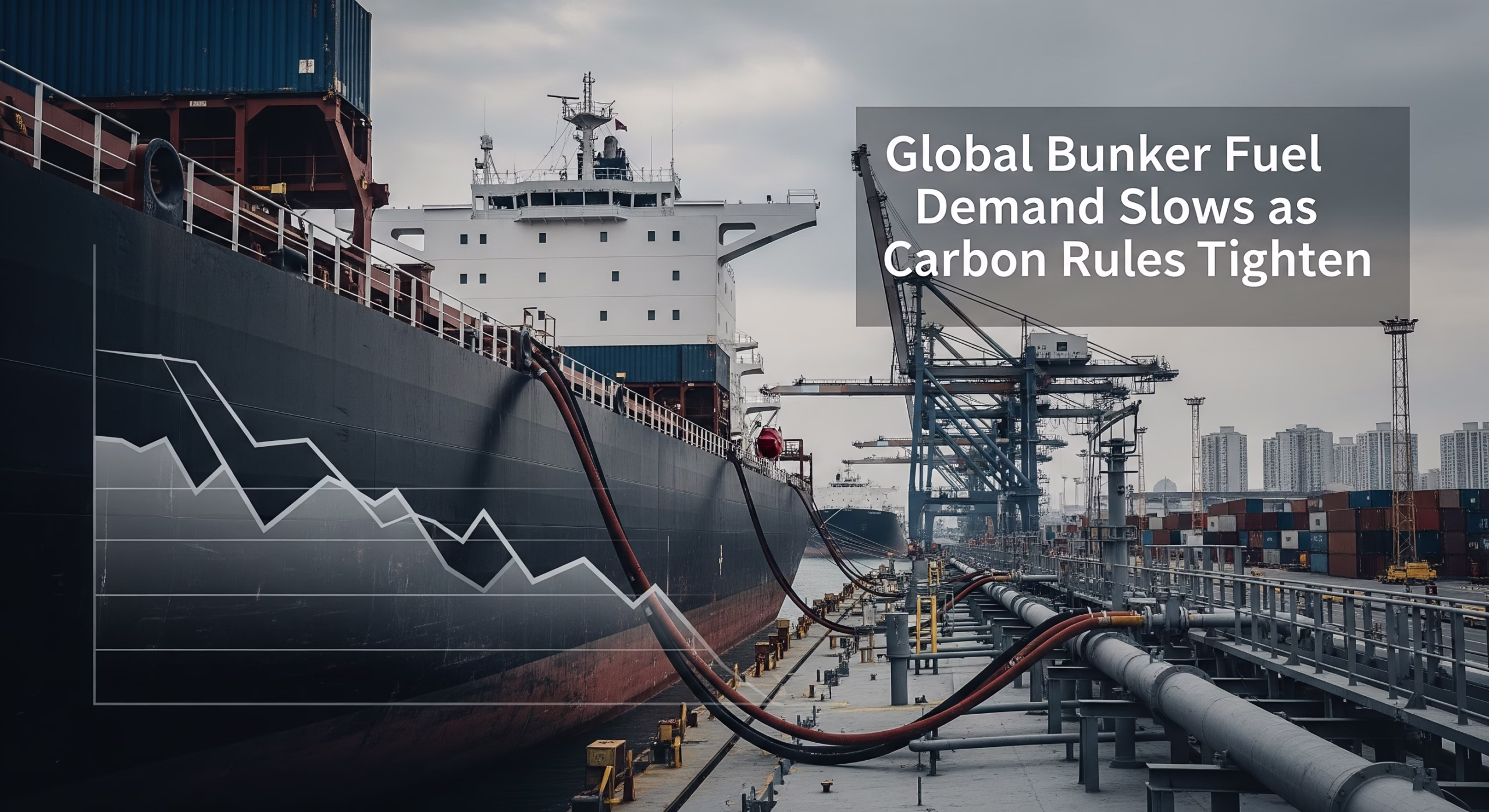 Cargo ship at a port with an overlay graph showing a downward trend.