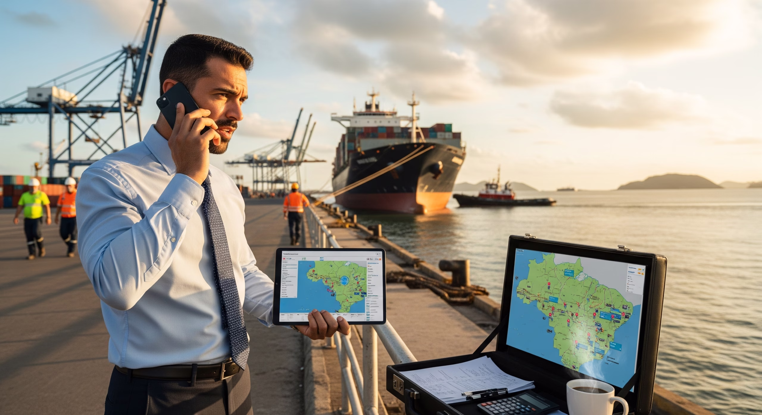 A bunker trader in Brazil on a port dock, talking on the phone with a tablet in his hand and a briefcase nearby.